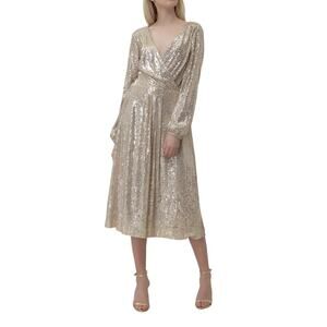 Lauren Ralph Lauren Bowen gold sequin long sleeve midi dress Size 4 glam fairy
